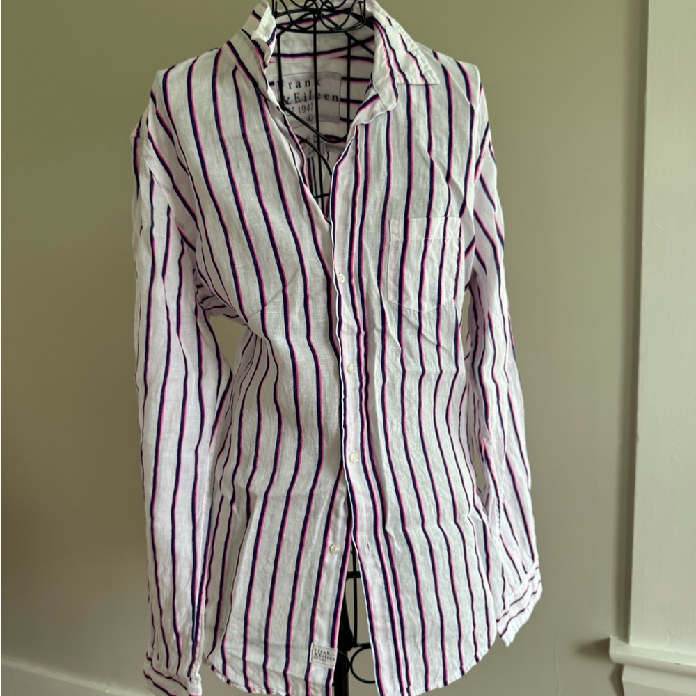 Frank & Eileen White Shirt with Pink and Black Stripes